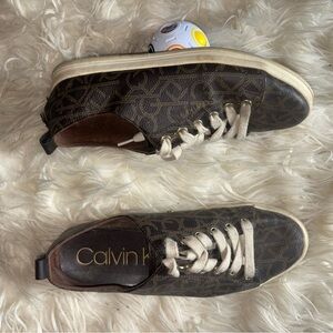 Calvin Klein Brown Monogram Low-Top Sneakers with Cream Laces